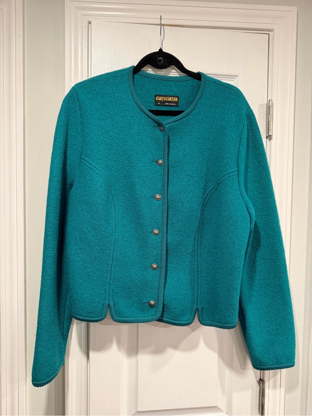 Geiger Size XL Teal Boiled Wool Cardigan Jacket Austria Woolmark Button Front